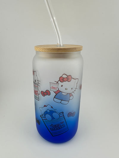 Glass Frosted Hello Kitty Maruchan Noodles Cup- Blue ombre- Glass straw